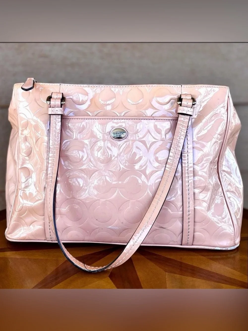 Coach “Peyton Op Art” F24607 Patent Leather Glossy Carry All Bag in Light Pink
